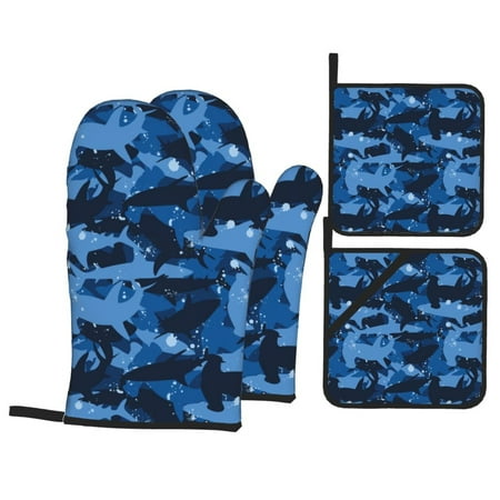 

Oven Mitts and Pot Holders 4 pcs Set Blue camouflage hammerhead shark Heat Resistant Pot Holders Oven Mitts for kitchen Non-Slip Hanging Loop Oven Glove Potholders for Baking Cooking