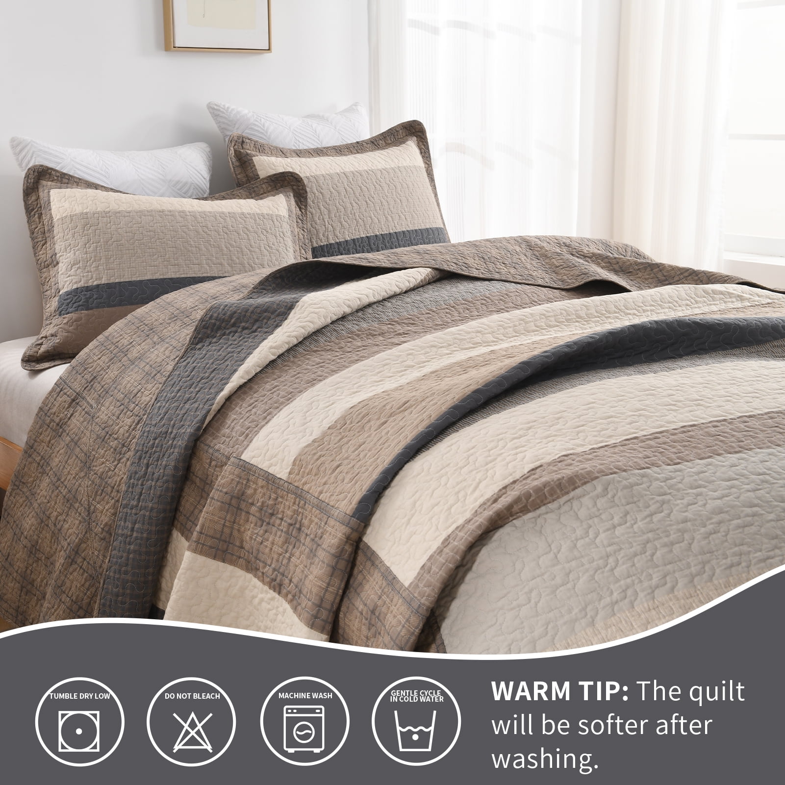 Bedduvit Striped 100% Organic Cotton Quilt - Queen Size Quilt Set, Brown Black Beige Farmhouse Cottage Bedspread for Queen Bed, Lightweight Modern Unisex All-Season 3-Piece Comforter Set, 98"x90"