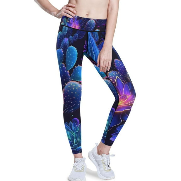 Ckdifva Glowing Flowers Cactus Yoga Pants with Pockets for Women Workout Athletic Yoga Leggings