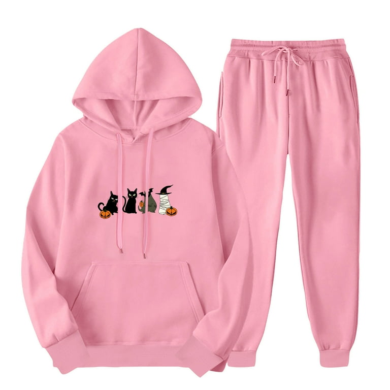 JURANMO Women s 2 Piece Outfits Happy Halloween Sweatsuit Cute Teen Girls Black Cat Print Hooded Sweatshirts and Elastic Waist Sweatpants Matching Sets Todays Daily Deals Pink M Walmart