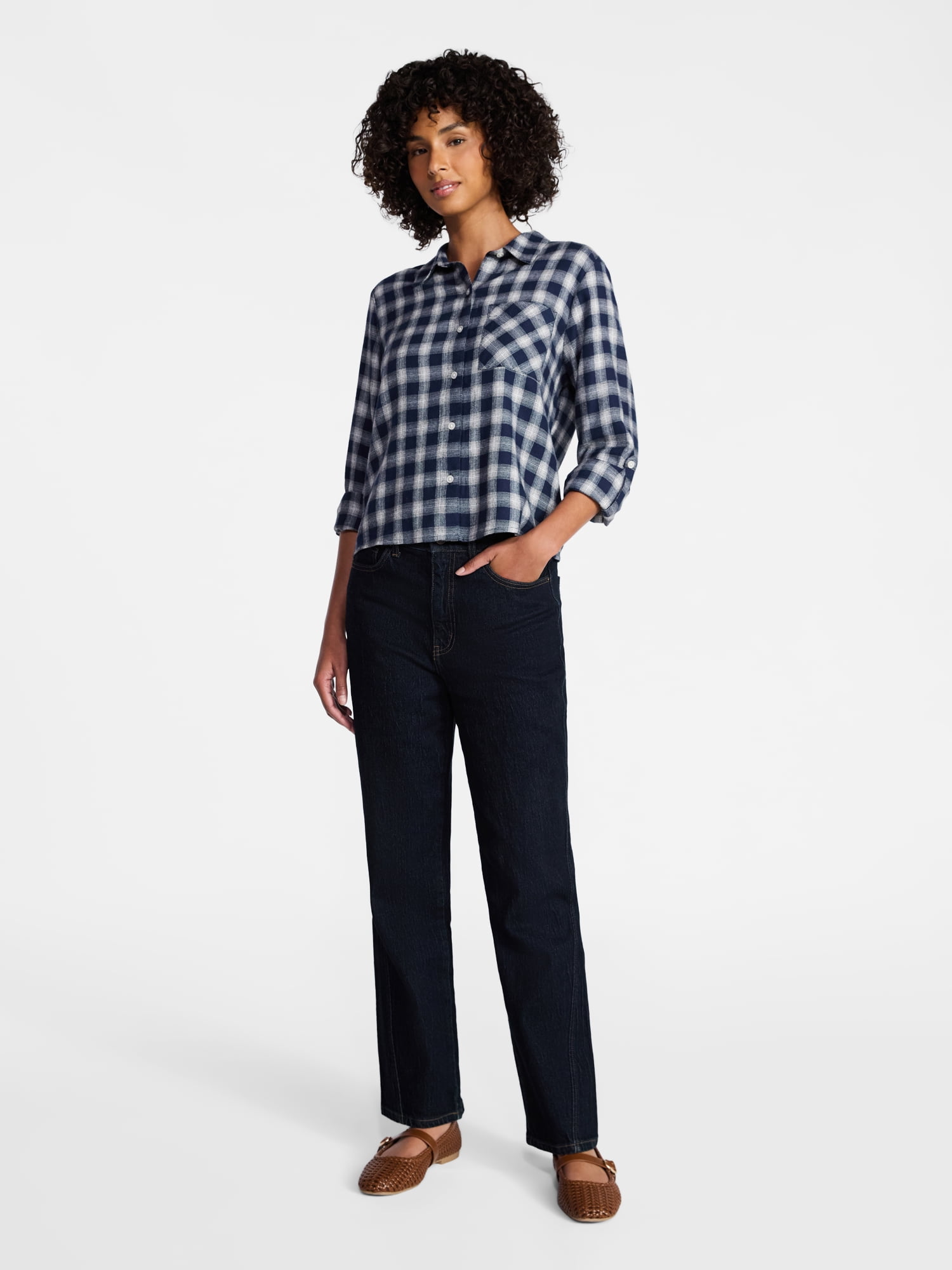 Time and Tru Women's Cropped Flannel Shirt, Sizes XS-XXXL