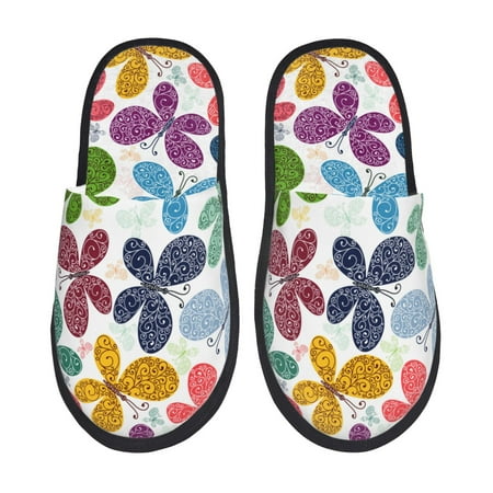 Balery Colorful Butterflies Slient Indoor Furry Fleece Comfort House Shoes Soft Non-Slip Home Shoes Cotton slippers House Slippers-- Large