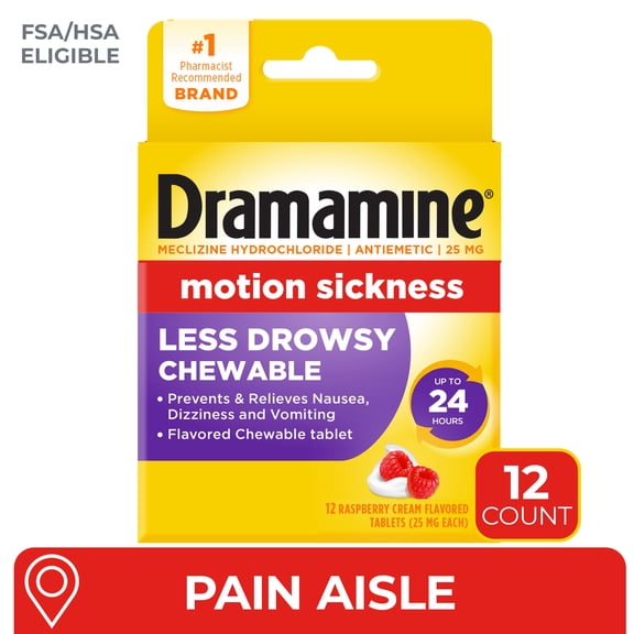 Dramamine Chewable Less Drowsy, Motion Sickness Relief, Raspberry Cream Flavor, 12 Count