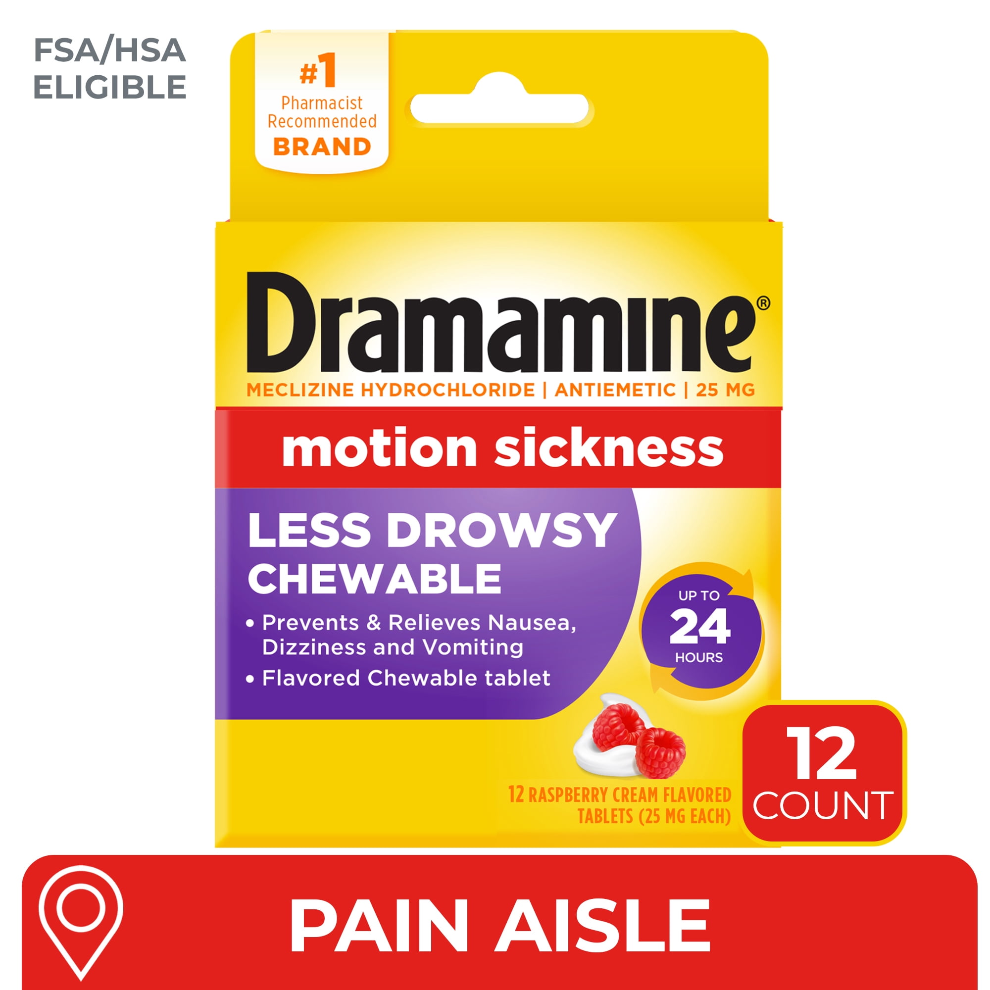 Dramamine Chewable Less Drowsy, Motion Sickness Relief, Raspberry Cream Flavor, 12 Count