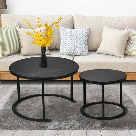 BIGTREE Modern Round Nesting Coffee Table Set 2pc Solid Metal Frame Black
