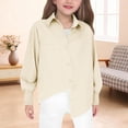 thumbnail image 2 of TIREOW Girls Long Sleeve Shirt Solid Color Button Down Lapel Blouse Top Kids Loose Fitting Basic Casual Shirts, 2 of 4