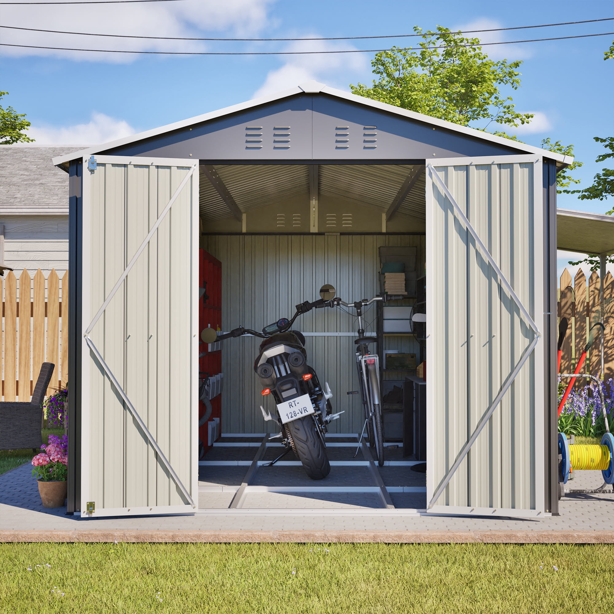 LZBEITEM 8'x12' Outdoor Metal Storage Shed with Floor Frame, Galvanized Steel Garden Shed, Metal Garden Tool Shed with Double Lockable Doors for Backyard Patio Lawn, Gray