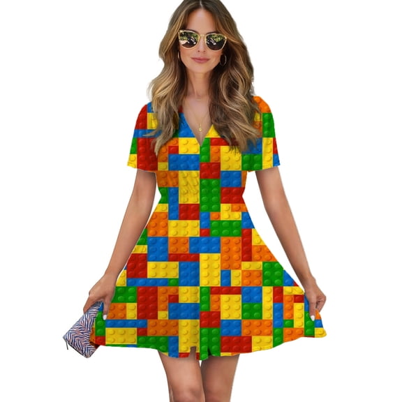 Colorful Building Bricks Small Plastic Blocks Women Dress V-Neck Short Sleeve Flowy Swing Party Midi Dress