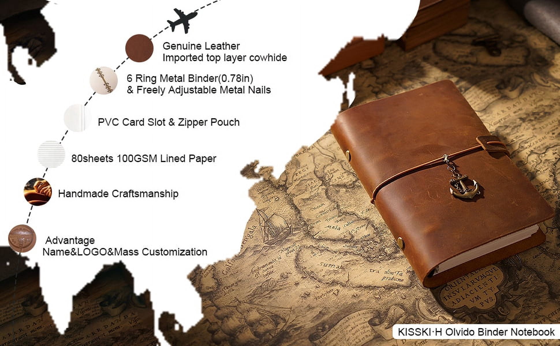 KISSKI·H Olvido Leather Notebook Journals, A5 Binder 6 Ring Refillable Travelers Notebook, Vintage Journals for Writing, A5 Planner Binder, Handmade Folio Organizer, Gift for Women/Men, Brown