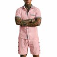 thumbnail image 2 of Men's Linen Shirts and Shorts Set Short Sleeve 2 Piece Beach Vacation Outfits Summer Yoga Suits with Pockets Pink, 2 of 7