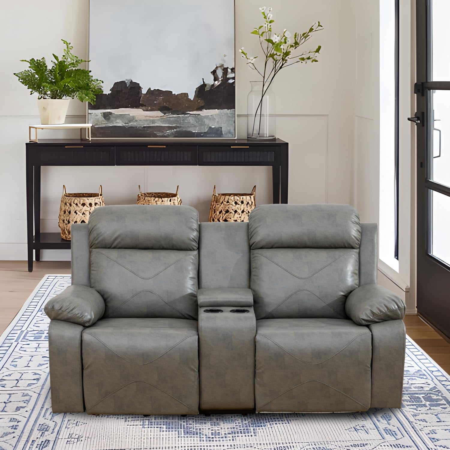 PonLiving Power Leather Recliner Loveseat with LED Lights,with USB Port/Storage Console/Cup Holders. Grey