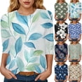 thumbnail image 2 of Womens 2025 Fall 3/4 Sleeve Crew Neck Blouse Fashion Print Casual Loose Fit Shirt Top, 2 of 6