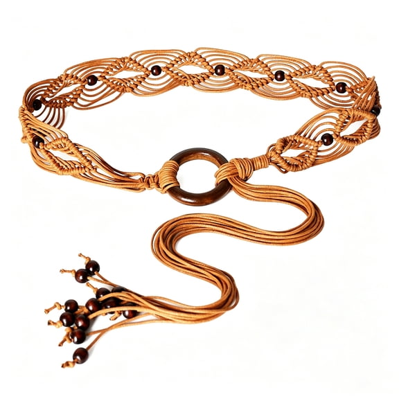 Boho Braided Belt for Women,49.2in Long Woven Waist Belt with Tassels & Wood Beads for Dresses, Jeans & Festival Outfits