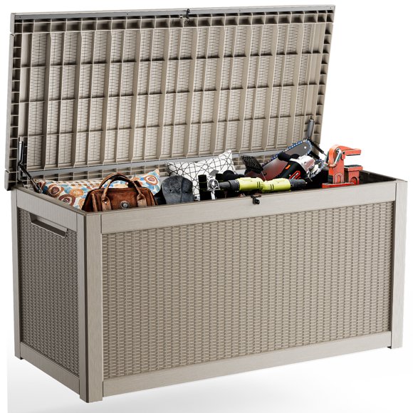 EasyUp 260 Gallon Resin Deck Box, Lockable Patio Outdoor Storage Box for Furniture, Garden Tools and Tools Storage, Waterproof Outside Storage Boxes(Grey Pattern)