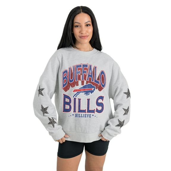 Women's Gameday Couture Ash Buffalo Bills Resilience Relaxed Rhinestone Pullover Sweatshirt