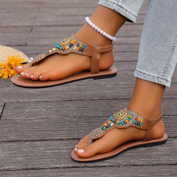 Boho Sandals for Women Flat Heel Open Toe Casual Flip-Flops Slides Thong Women Fashionable Casual Solid Color Versatile Thick Heel Sandals Outerwear