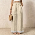 thumbnail image 2 of Women Straight Leg Pants with Lace Hem Trim, Elastic Drawstring Waist Casual Long Trousers with Pockets, Solid Loose Daily Pants for Vacation Beige XXL(XXL), 2 of 7