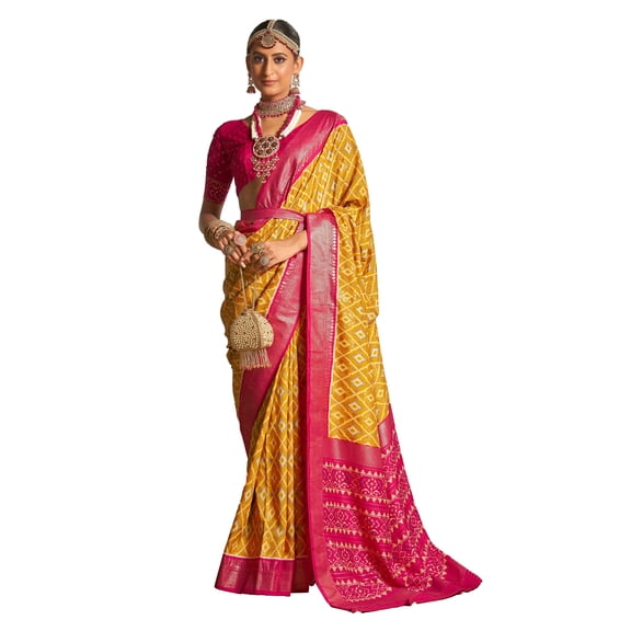 Traditional Ethnicwear Gold Cotton Silk Ikkat Print Saree