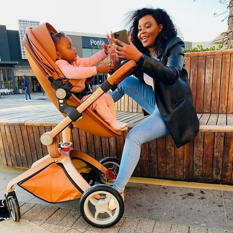 Hot Mom Baby Stroller Reversible Luxury PU Leather Pram,Brown