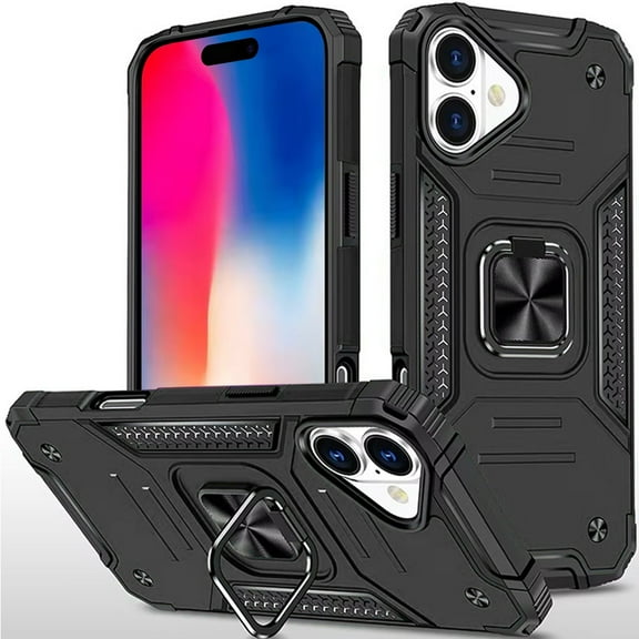 For iPhone 16 6.1 inch Robust Magnetic Kickstand Hybrid Case Cover - Black