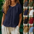 thumbnail image 1 of Neewe Cotton Linen Basic T Shirts for Women Plain Crew Neck Button Decoration Short Sleeve Summer Solid Loose Fit, 1 of 8