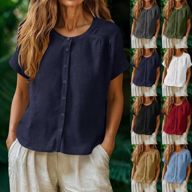 Neewe Cotton Linen Basic T Shirts for Women Plain Crew Neck Button Decoration Short Sleeve Summer Solid Loose Fit