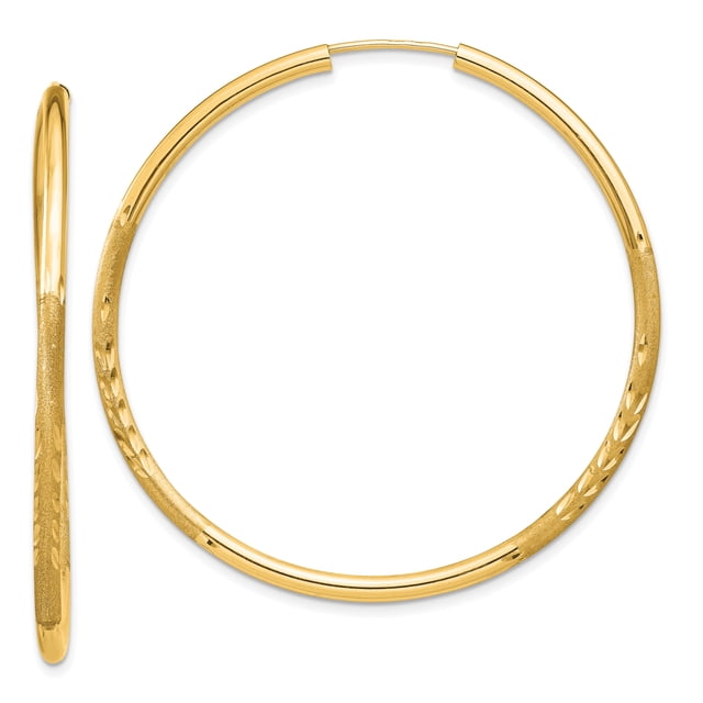14K Yellow Gold 2mm Satin Diamond Cut Endless Hoop Earrings