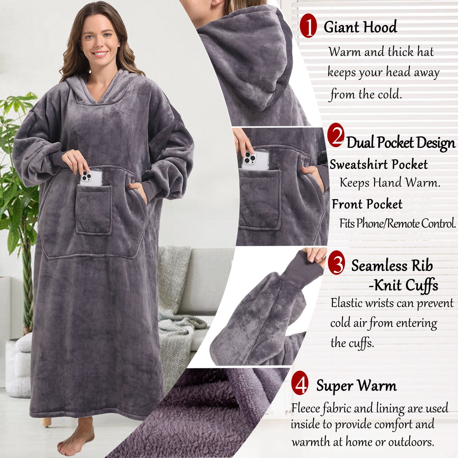 REDESS Oversized Wearable Blanket Hoodie Sweatshirt for Adults Women Men-Dark Grey