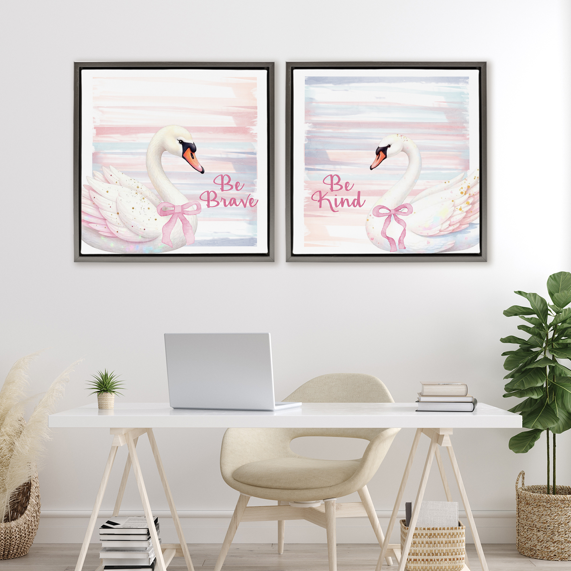 Be Brave & Kind Pastel Swan 2 Piece Gray Framed Floater Canvas Set, design by Kim Allen