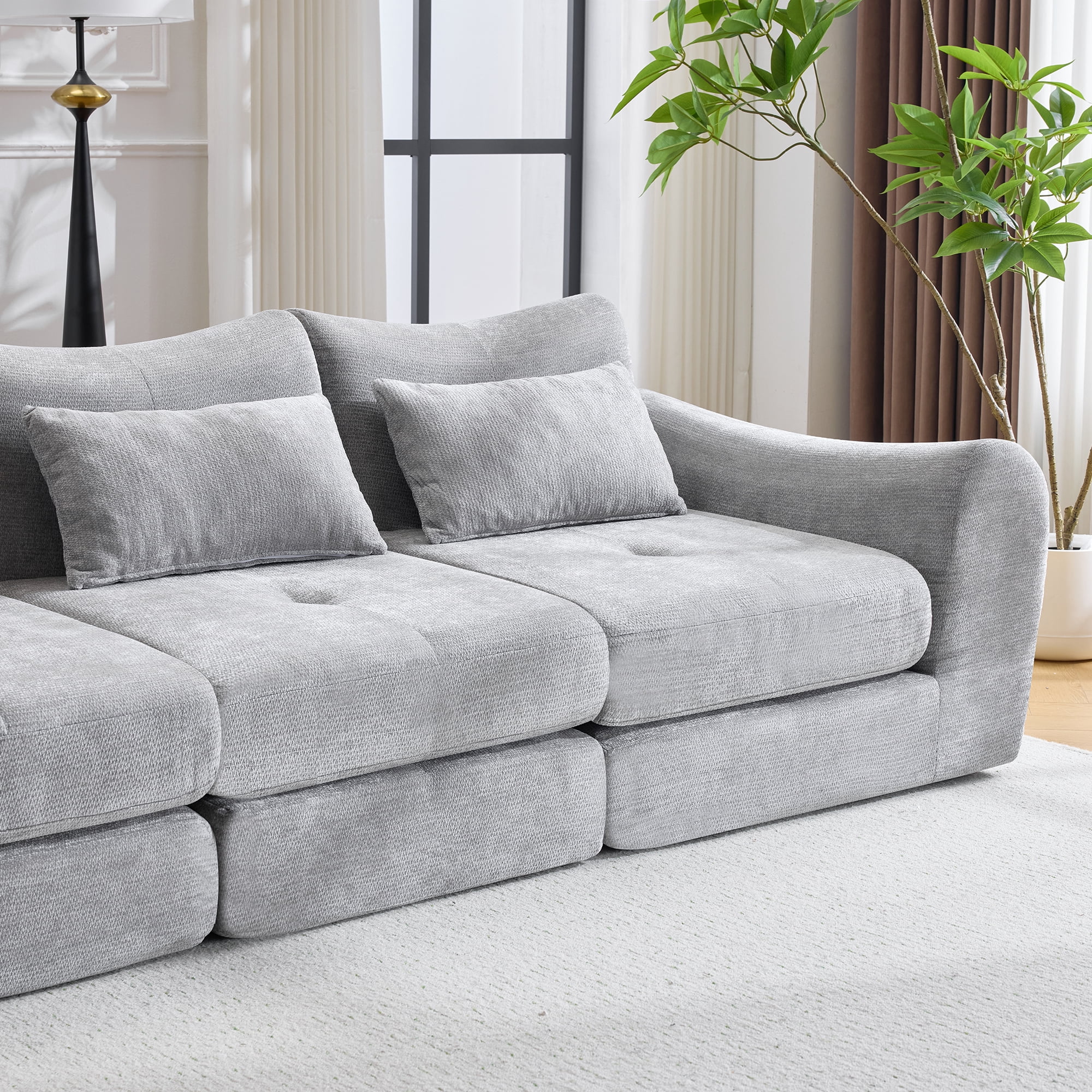 MAYEERTY 3-Seat Modular Cloud Sectional Sofa, Flannelette Upholstered Convertible Couch with Throw Pillows, No Assembly for Living Room Bedroom Entertainment Space