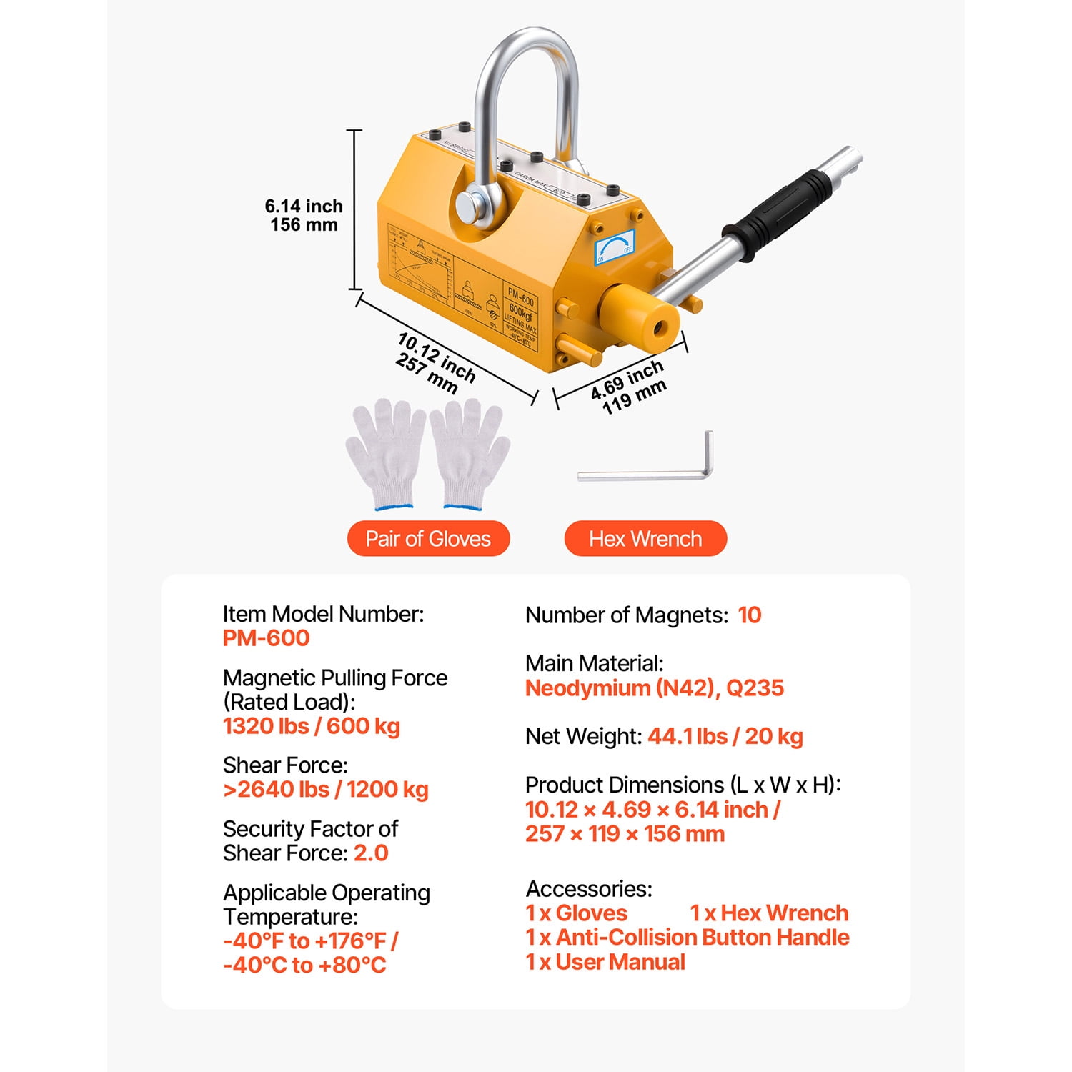 KFFKFF Permanent Magnetic Lifter, 1320 lbs Load Capacity,Durable N42 Neodymium Magnet with Release Handle and Steel Hook,Suitable for Shop Cranes and Hoists, Ideal for Lifting Steel Plates and Boards