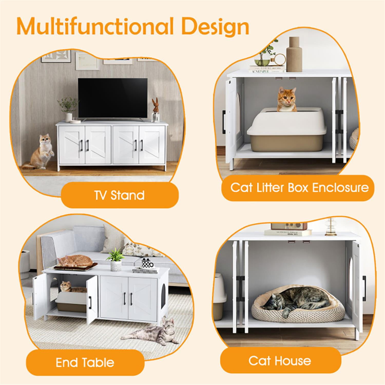 Kadyn 48" Modern Cat Litter Box Enclosure, Hidden Litter Box for 2 Cats, Cat House Furniture for Side Table or Nightstand, White Kadyn 48" Modern Cat Litter Box Enclosure, Hidden Litter Box for 2 Cats, Cat House Furniture for Side Table or Nightstand, White