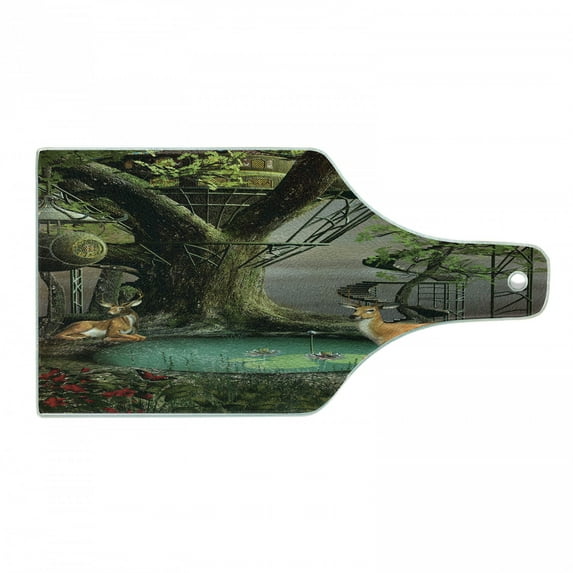 Nature Cutting Board, Abstract Fairtale Scene with Tree House Lanterns Pond and Deer in Forest Print, Decorative Tempered Glass Cutting and Serving Board, in 3 Sizes, by Ambesonne