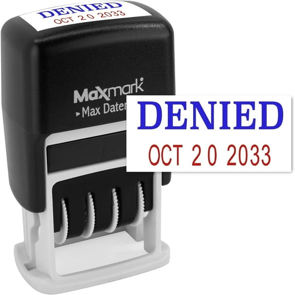 MaxMark Self-Inking Rubber Date Office Stamp with DENIED Phrase BLUE INK & Date RED INK (Max Dater)