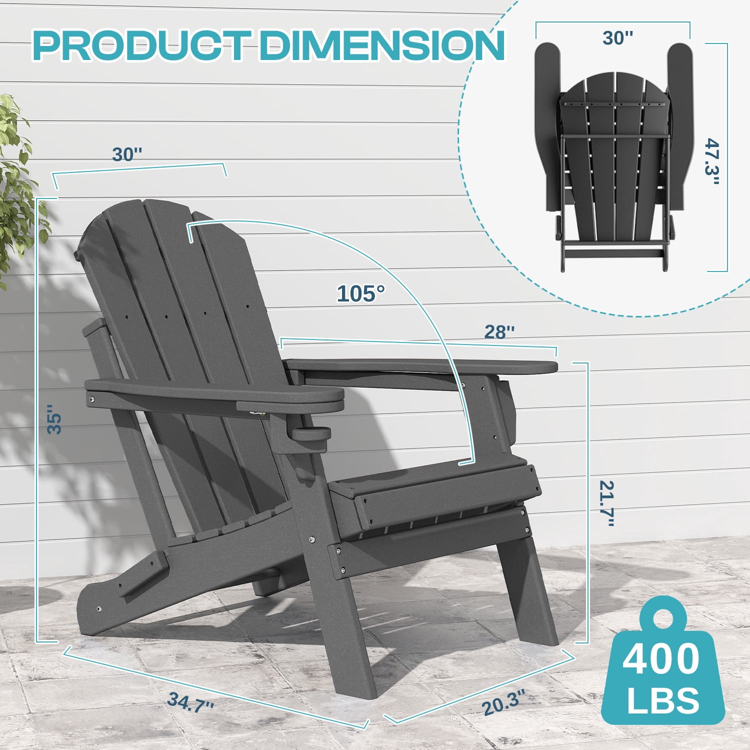 FODINGHILL Outdoor Folding Adirondack Chair, HDPE All Weather Patio Chair with Cup Holder for Deck Backyard Garden, Grey