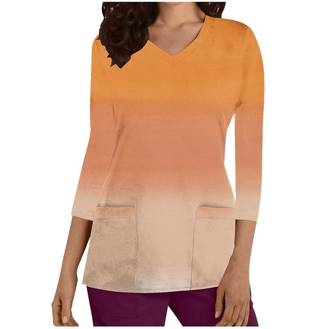 T-shirt Imprimé à Manches 3/4 et Col en V pour Femmes, Design Dégradé, Haut de Soins Infirmiers, Uniforme de Travail Extensible, Coupe Ample et Décontractée