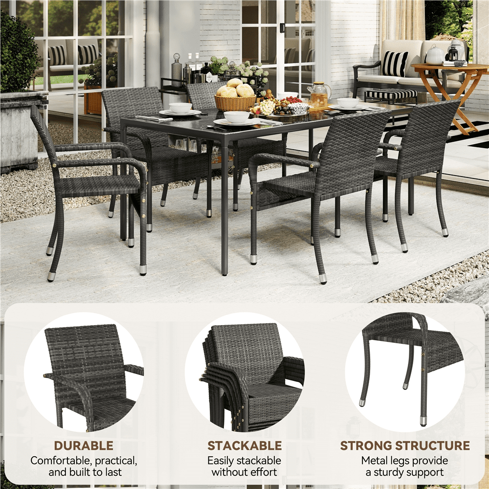 Renwick Outdoor PE Rattan Chair with Armrests and Adjustable Footpads, Set of 2, Gray