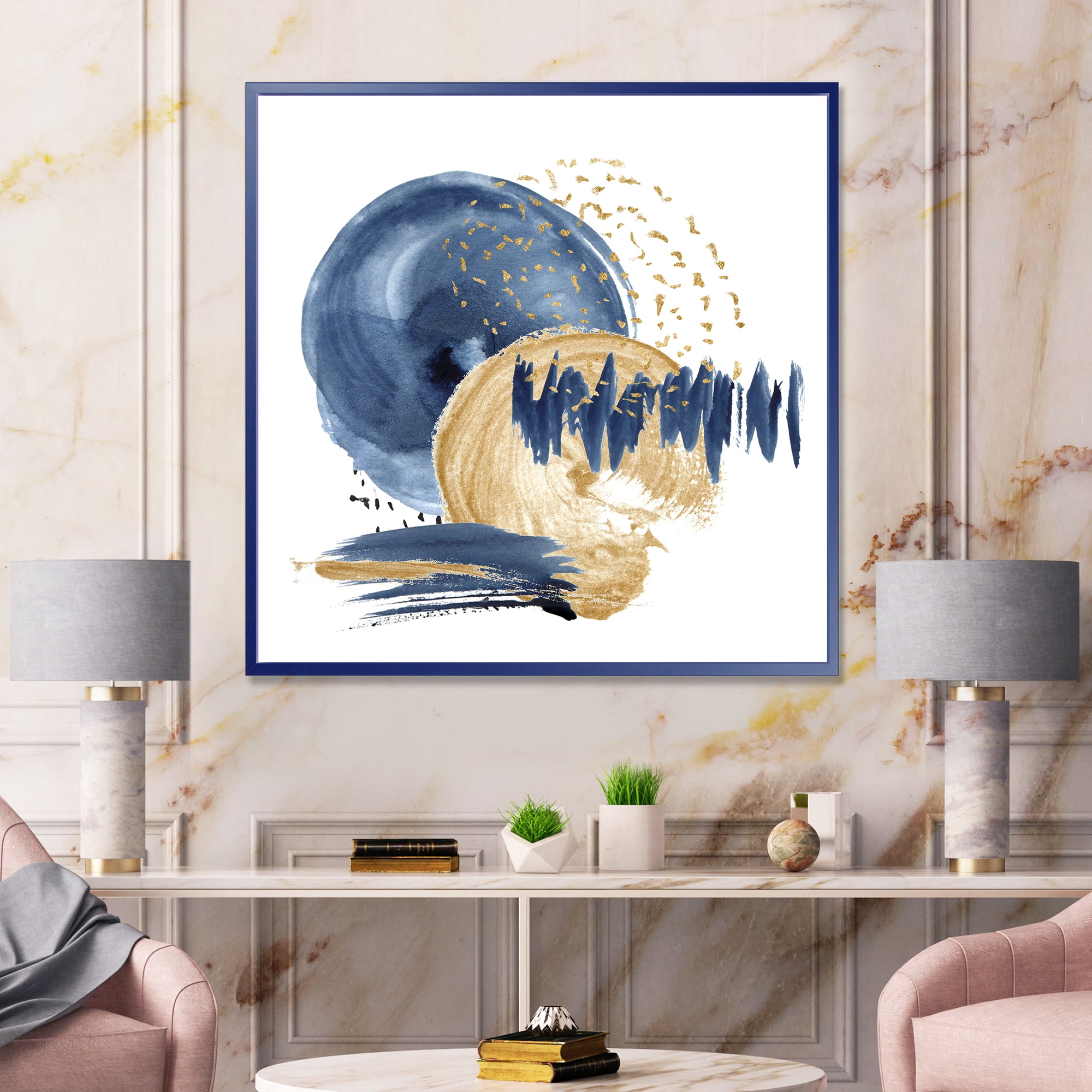 Designart 'Gold and Dark Blue Abstract Circle Ocean Texture' Modern Framed Canvas Wall Art Print
