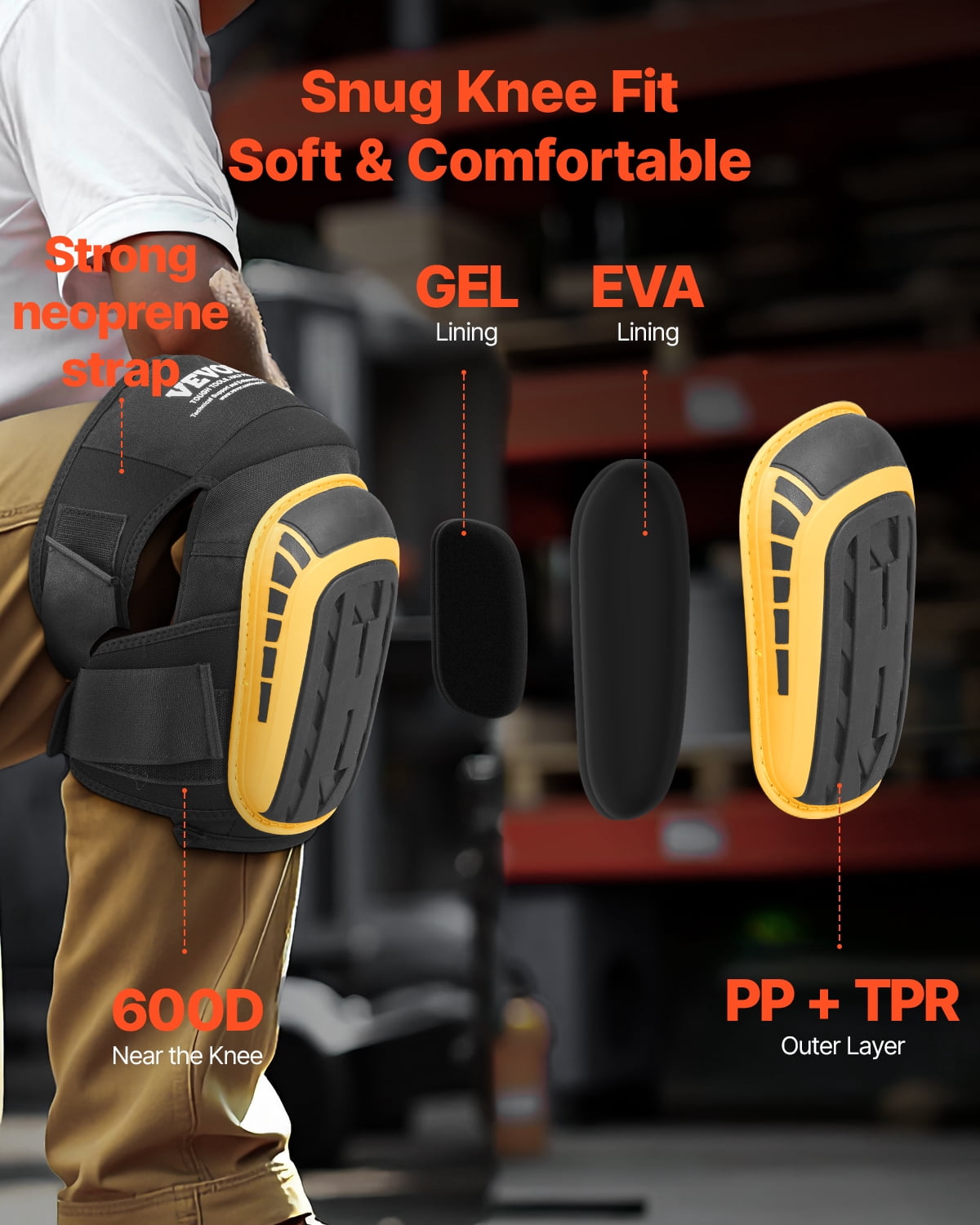 VEVOR Knee Pads for Work, Extended Heavy Duty Construction Knee Pads with 2 Extension Straps,Anti-slip Foam Gel Knee Pads, Men & Women, for Gardening Flooring Roofing and Cleaning,Yellow and Black