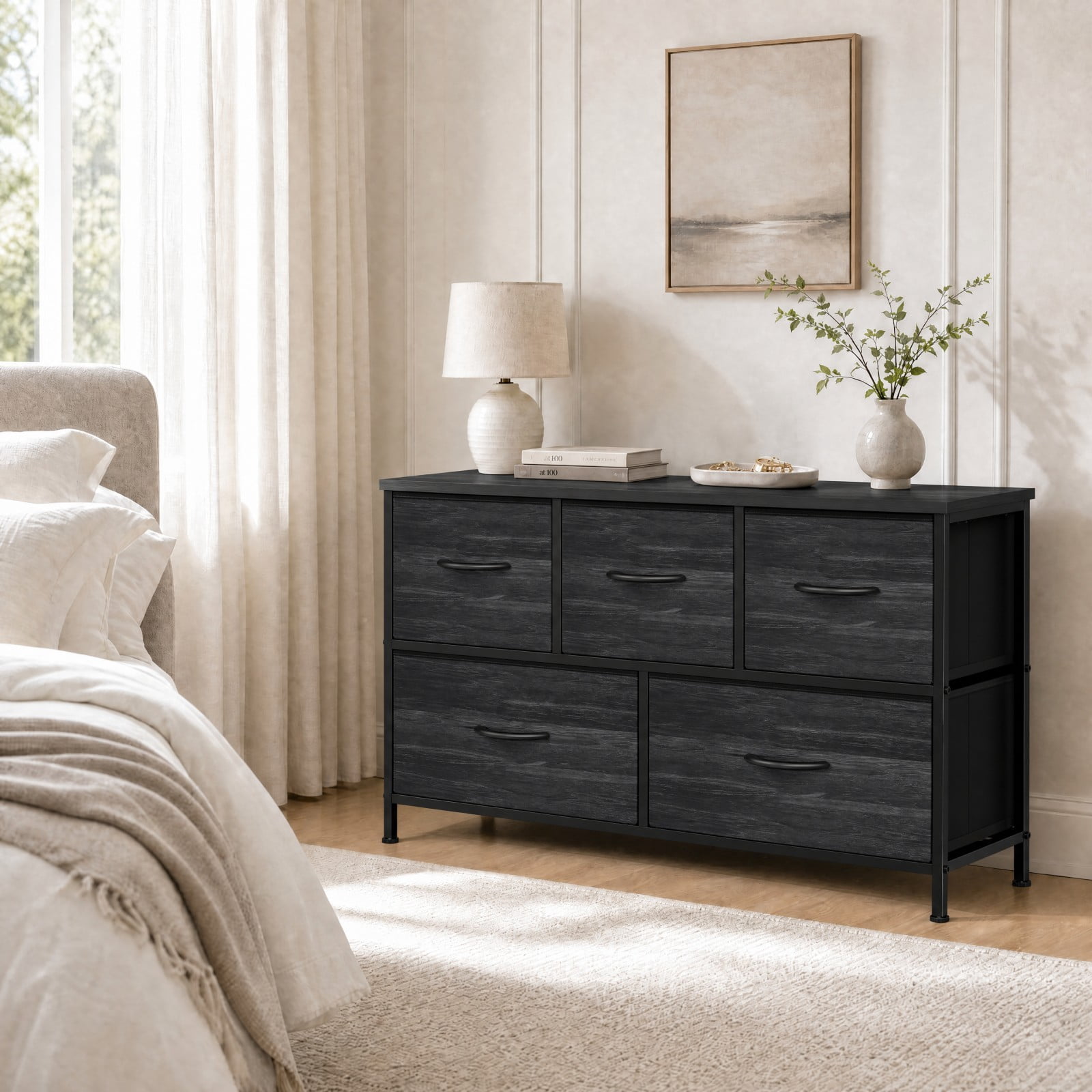 Telyra 5-Drawer Fabric Dresser TV Stand Organizer with Wood Top and Metal Frame, Black Wood Grain