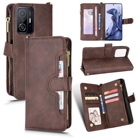 Case for Xiaomi MI 11T/11T PRO Cover Zipper Magnetic Wallet Card Holder PU Leather Flip Case - Brown