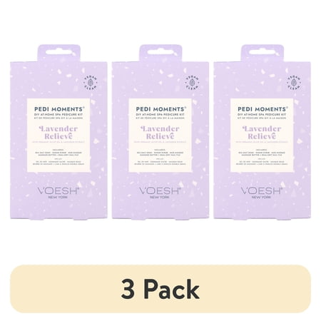 (3 pack) VOESH Pedi Moments 4 Step Pedicure Kit in Lavender Relieve: Includes - Sea Salt Soak, Sugar Scrub, Mud Masque, Massage Butter and Dual Grit Nail File