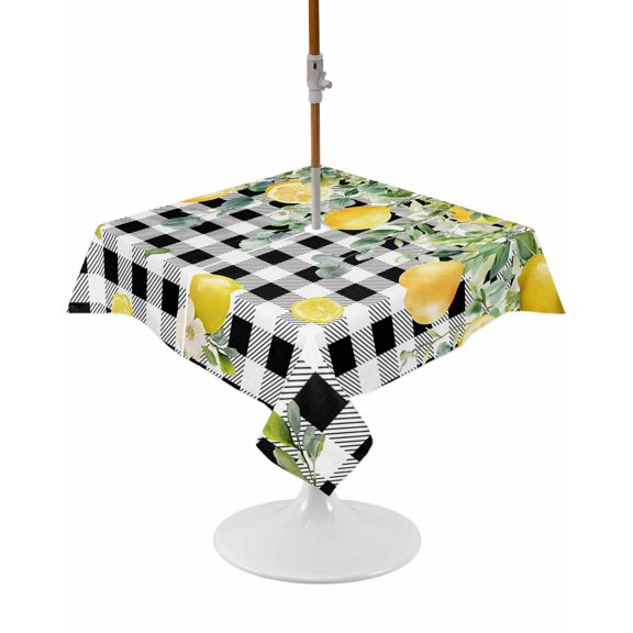 Outdoor Tablecloth with Umbrella Hole and Zipper Floral Lemon Square Tablecloths 54x54 Inch Waterproof Table Cloths Fruit Eucalyptus Leaf Branch Black Plaid Patio Table Cover for Picnic BBQS Party