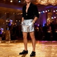 thumbnail image 4 of WIZUTIZ Mens Sparkly Metallic Hot Shorts Shiny Sexy Drawstring Short Pants Elastic Waist Pockets Clubwear Disco Shorts, 4 of 5