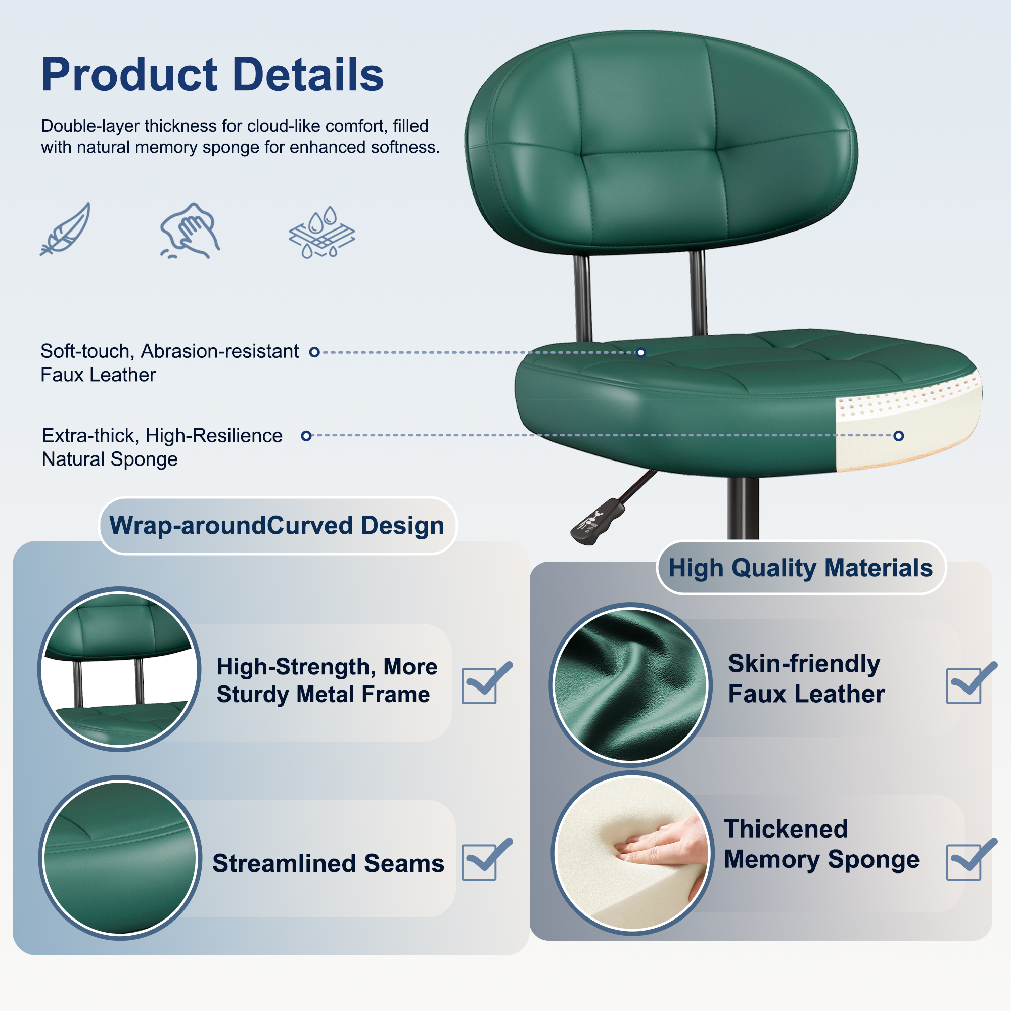 Misolant Vanity Chair with back, Small Armless Cute office Chair with wheels and Lumbar support, Comfy PU Leather Desk Computer Chairs with Adjustable Height, 360°Swivel for Home Bedroom Office
