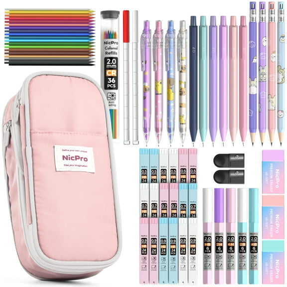 Nicpro 47Pcs Aesthetic Supplies in Big Capacity Pen Case, Cute Pastel Mechanical Pencils 0.5, 0.7, 0.9 & 2mm Lead Holder with 25 Tube Lead Refills 4B 2B HB 2H Color, Erasers