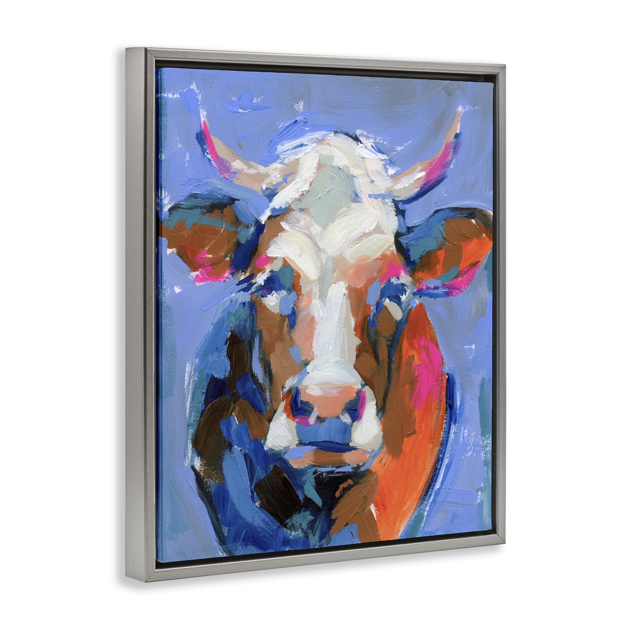 Stupell Industries Bold Paint Strokes Cow Animals & Insects Painting Gray Floater Framed Canvas Art Print Wall Art, 17 x 21