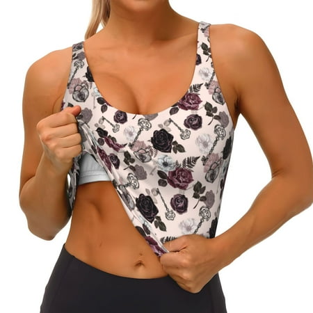 Qokaie Retro Red Black Roses Pattern Womens Scoop Neck Sports Bra Breathable Workout Vest Padded U Back Medium Impact Fitness Gym Yoga Bra Workout Crop Top