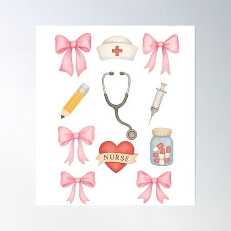 Kawaii Nurse Stickers Set, Pink Bow Nurse Aesthetic, Cute Medical Icons For Nursing Students And Healthcare Lovers Poster Wall Art, Modern Wall Decor, 8x12 UNFRAMED