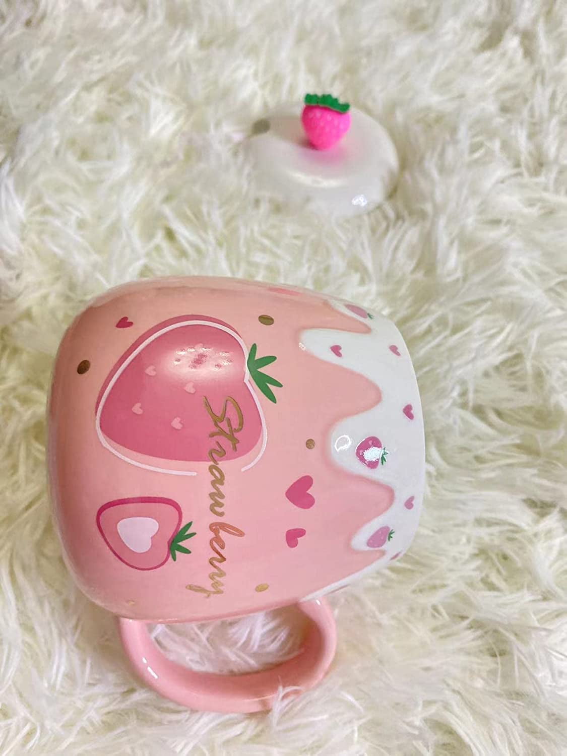 Korean-Style Cute Pink Strawberry Mug with Spoon Lid Large